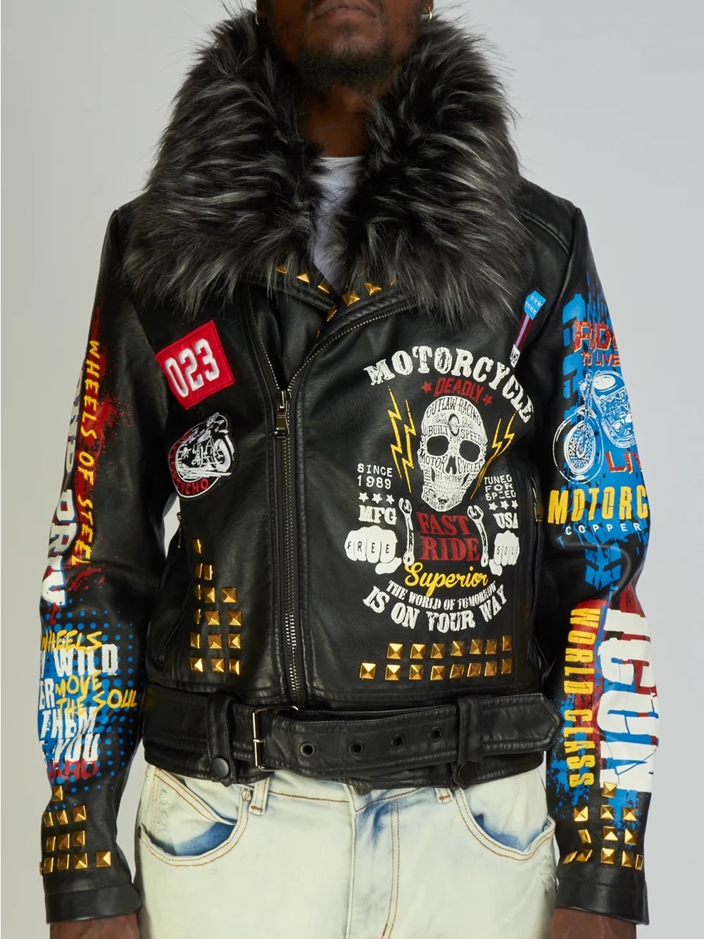 Copper Rivet Black Vegan Leather Graffiti Moto Jacket with Fur Collar